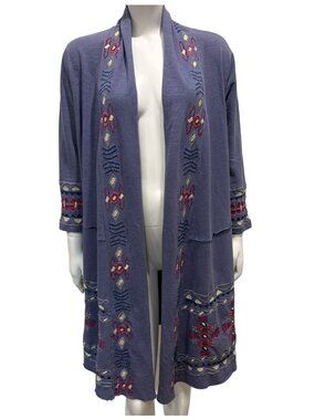 Caite Embroidered Open Front Cardigan Womens S Cotton Boho Floral Coatigan